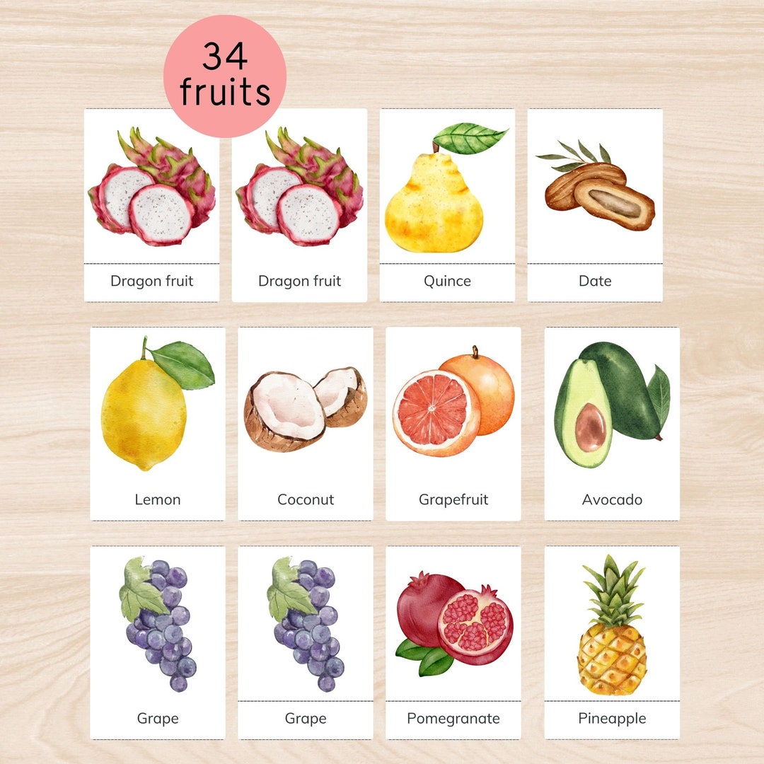 Watercolor Fruits Flash Card, Printable Cards, Montessori Flash Card ...