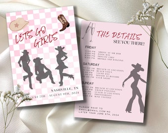 Invitación a despedida de soltera de chicas, Despedida de soltera de Nashville, Plantilla de itinerario de descarga digital, Vaquera disco, Fiesta de Nash, Editable