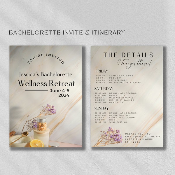 Wellness Retreat Bachelorette Invite, Spa Yoga Relax, Digital Download Itinerary Template, Edit in Canva, Printable, Wellness Weekend