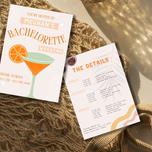 Tropical Bachelorette Invite | Digital Download Itinerary Template | Edit in Canva | Miami Bachelorette | Orange Retro