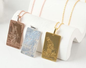 Gold Tarot Card Necklace, Tarot Necklace, Spiritual Jewelry, Zodiac Necklace Gift, Magician Necklace Pendant, Sun, Lovers, Moon, Fool, Star