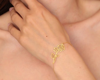 Vergoldetes Rosenarmband für Muslime, Benutzerdefinierte Geburtsblumenarmband, zarte Blumenarmband für Frauen, Muttertagsgeschenk, Geschenk für Muslime