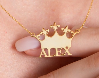 Personalized Crown Name Plate Necklace Dainty Princess Crown Necklace Custom Name Plate Necklace Name Necklace With Crown Gift for Bestfiend