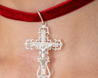 Red Velvet Jesus Cross Necklace, Heart Chrome Cross Choker Necklace, Red Velvet Choker Cuban Chain, Cross Long Necklace, Gift for Christian