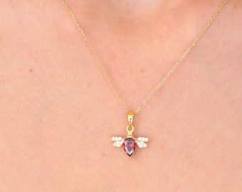 Biene Rubin Halskette, Honigbiene Roter Edelstein Diamant Anhänger, Marienkäfer Schmuck, Insekt Halskette, niedliche Käfer Charm Halskette, kleine Mädchen Halskette