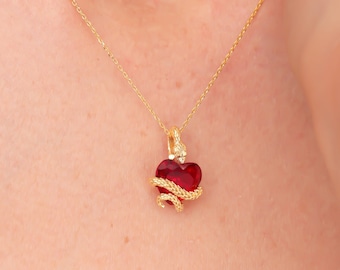 Rote Herz-Halskette, Schlangen-Anhänger, Schlangen-Spiral-Anhänger, Rote Herz-Schlange-Halskette, Muttertagsgeschenk, Weihnachtsgeschenk