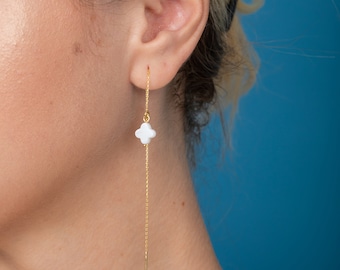 Perlmutt Klee Ohrring Vierblättriges Kleeblatt Lange Ohrringe 4 Blatt Klee Ohrring Geschenk für Bestfriend Good Luck Ohrring Geschenk für Weihnachten