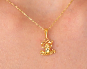 Vergoldete Krötenglücks-Halskette, silberne Frosch-Halskette, kubanische Ketten-Option, niedliche Frosch-Halskette, Geschenk für Frosch-Liebhaber, Tochter Geschenk