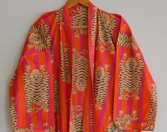 Neuer Animal Print Kimono Robe, indischer weicher Baumwollkimono, japanischer Kimono, Strandvertuschung, Nachtwäschekleid, Brautjungfernkleid