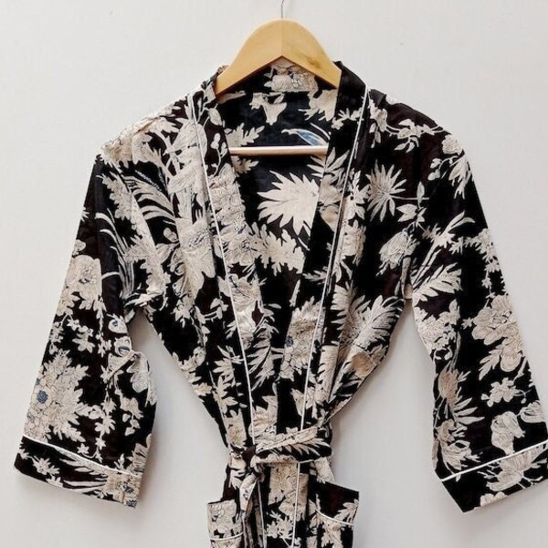Katoenen kimono badjas, bruidsmeisjesjas met blokprint, zomernachtkleding, één maat