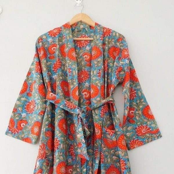 Hand Block Print Kimono Robe, Cotton Bathrobe, Lightweight Cotton Robe, Cotton Dressing Gown, Floral Kimono, Wood Block Printed, Midi Robe