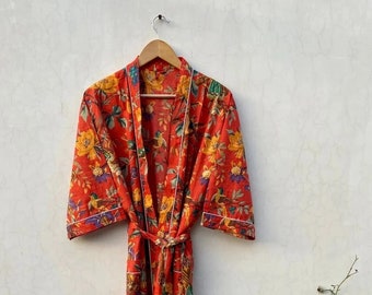 Cotton Kimono Robe Dressing Gown, Block Print Bridesmaid Robe, Summer Nightwear, One Size