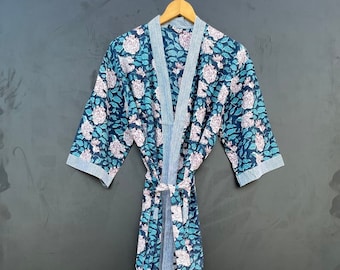Bata tipo kimono de algodón, bata de dama de honor con estampado de bloques, ropa de dormir de verano, talla única
