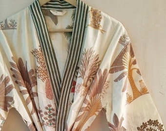 Bata de bata de kimono de algodón, bata de dama de honor con estampado de bloques, ropa de dormir de verano, talla única