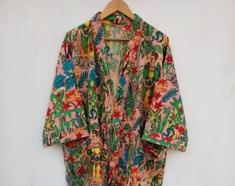 Frida Khalo Robe, Dressing Gown, Unique Gift, Bridesmaid Dress, Kimono Dressing Gown, Loungewear