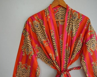 New Animal Print Kimono Robe, Indian Soft Cotton Kimono, Japanese kimono, Beach Cover Up, Nightwear Dress, Bridesmaid Gown