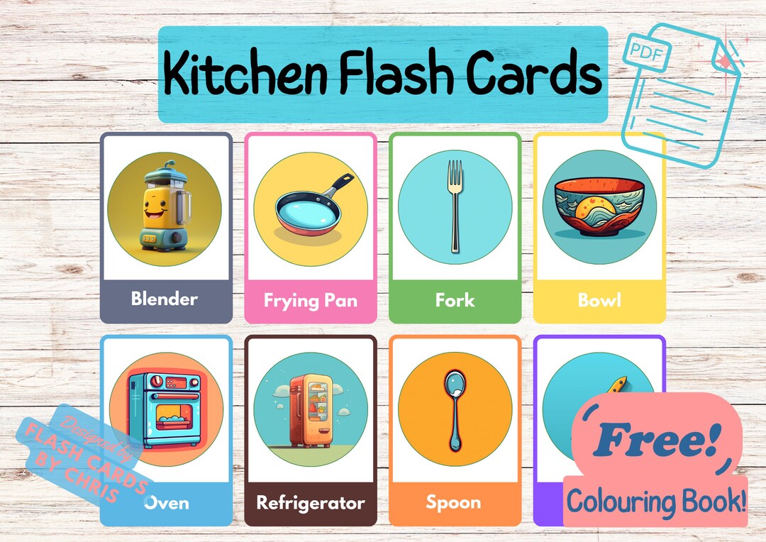 Pot Flash Card KITCHEN FREE GIANT Colouring Pad Montessori Cards Flash Cards ...