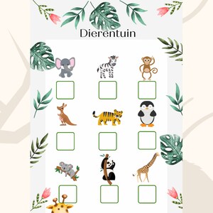 May include: A printable zoo-themed game for children. The game features a grid with pictures of animals and blank squares. The text "Dagje weg" and "Dierentuin" are visible on the page.