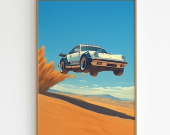 White Porsche 911 Carrera Poster Gift for Him Desert Race Rally Car Poster Vintage Poster Malika Favre