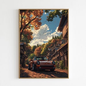 Porsche 911 Carrera Poster Japanische Landschaft Herbst fallende Blätter Anime Auto Poster Vintage Poster