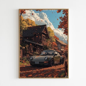 Porsche 911 Carrera Poster Japanische Landschaft Herbst fallende Blätter Anime Auto Poster Vintage Poster
