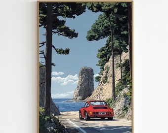 Porsche 911 Poster Rocky Coast Seaside Italy France Car Poster Red Porsche Carrera Vintage Poster Malika Favre