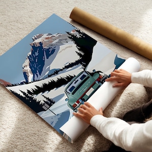 May include: A poster featuring a vintage green car driving through a snowy mountain landscape. The car is a classic Porsche 911 with a white roof and red taillights. The mountain is covered in snow and has a blue sky in the background.
