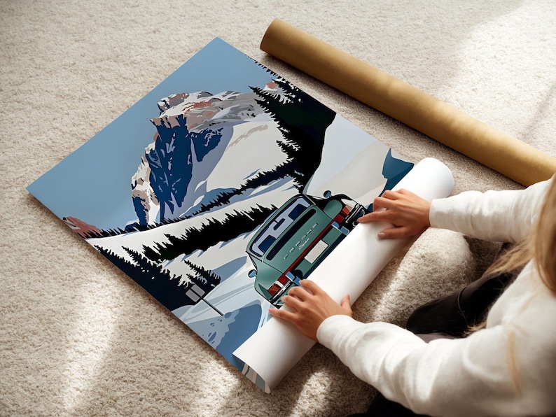 May include: A poster featuring a vintage green car driving through a snowy mountain landscape. The car is a classic Porsche 911 with a white roof and red taillights. The mountain is covered in snow and has a blue sky in the background.