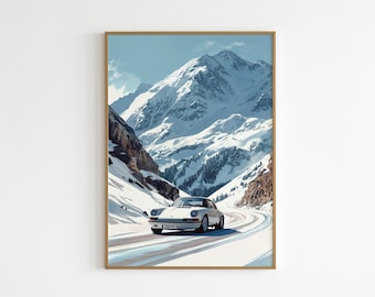 Porsche Alpine Drive Poster – Classic 911 Print Road Trip Poster – Boyfriend Gift for Him