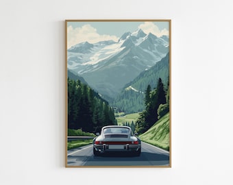 Porsche Poster Alpine Drive – Classic 911 Print Road Trip Poster – Boyfriend Gift for Him