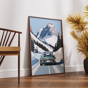 Minimalist vintage-style poster print featuring the Porsche 911 Carrera, ideal for home decor enthusiasts seeking retro wall art. This Alpine-inspired design complements furniture and embodies the old money aesthetic