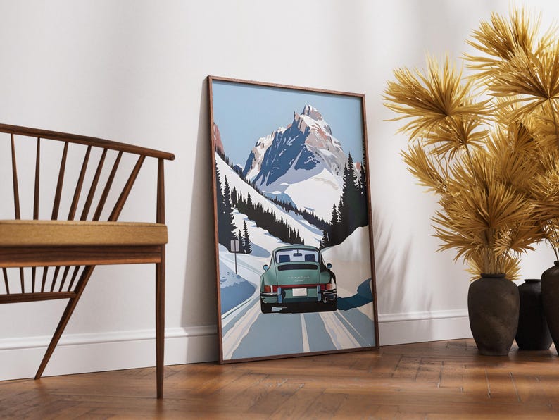 Minimalist vintage-style poster print featuring the Porsche 911 Carrera, ideal for home decor enthusiasts seeking retro wall art. This Alpine-inspired design complements furniture and embodies the old money aesthetic