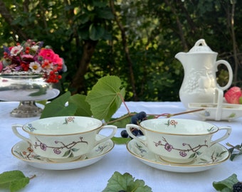Royal Worcester Blossom Time Vintage Bone China 2 Soup Cups with Saucers Vintage Porcelain Footed Soup Bowls Made in England 1950s