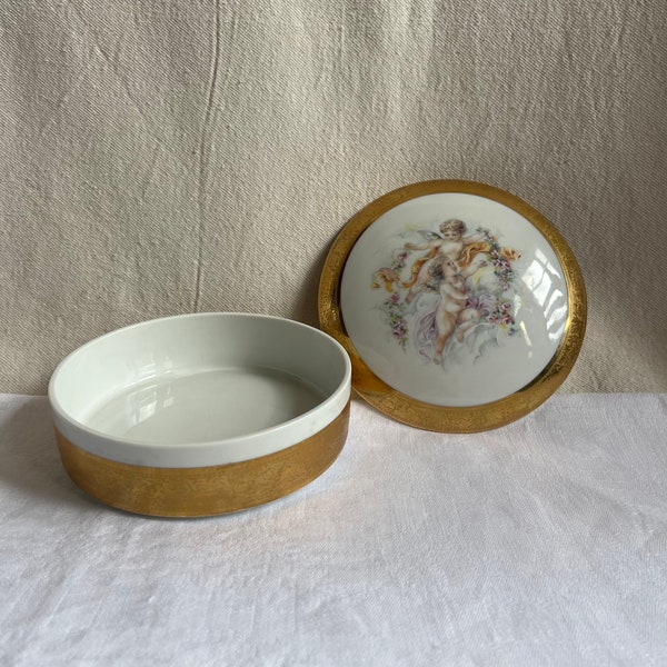 Vintage Porcelain lidded jewellery/trinket dish/Gold trim/2 Angels Baroque Decor/ M.a.b.a. T. Limoges Porcellane Artistiche/Made before 2000