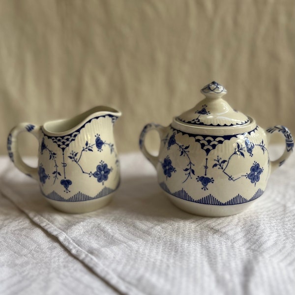 Vintage Mason’s Ironstone and Furnivals ‘Denmark’ set of 2 in the Iconic Blue and White Floral Ribbed Neck & Foot Made in England