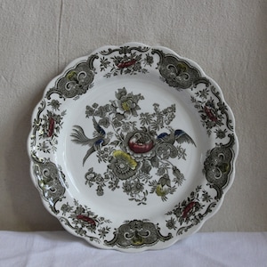 Può includere: Un piatto in ceramica bianca con un bordo ondulato e un motivo floreale in tonalità di marrone, verde e giallo. Il motivo presenta uccelli e fiori.
