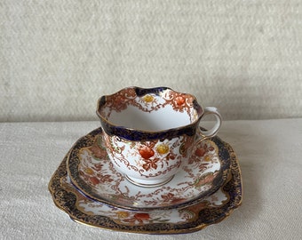 Crown Bone China vintage porcelain 3580 tea cup saucer and plate/ a set of 3/dark blue orange and yellow gilded flower decor Made in England