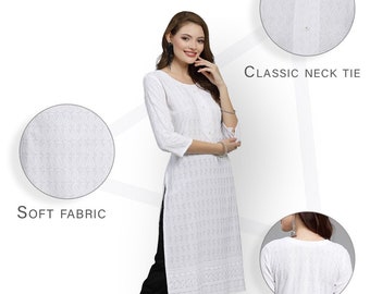 white chikankari kurta - white cotton kurti - indian traditional wear, kurti for women