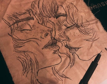 Tapiz de pared con arte lineal hecho a mano: tapiz abstracto con rostros, decoración minimalista bohemia para el hogar.