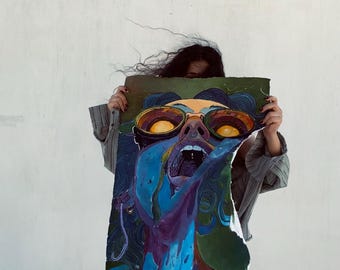 Tapiz psicodélico de cara gritando: arte textil surrealista hecho a mano, decoración psicodélica y atrevida para habitaciones.