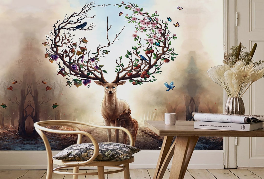 Deer in the Forest Wallpaper - Magnificent Antler Mural - Removable ...