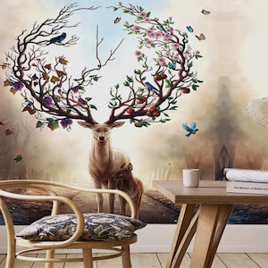 Deer in the Forest Wallpaper - Magnificent Antler Mural - Removable Wallpaper - Peel and Stick - Animal Wallpaper