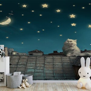 Cat on the Roof Wallpaper - Removable Wallpaper - Peel and Stick - Kids Wallpaper - Nursery Wallpaper - Kids Room Mural