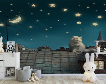 Cat on the Roof Wallpaper - Removable Wallpaper - Peel and Stick - Kids Wallpaper - Nursery Wallpaper - Kids Room Mural