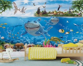 Underwater World Wallpaper | Shark and Fish Mural, Peel and Stick