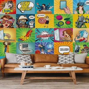 Pop Art Faces Wallpaper - Comic Retro Faces Mural - Removable Wallpaper - Peel and Stick- Art Deco Wallpaper - Wall Decor