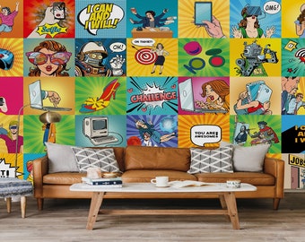 Pop Art Faces Wallpaper - Comic Retro Faces Mural - Removable Wallpaper - Peel and Stick- Art Deco Wallpaper - Wall Decor