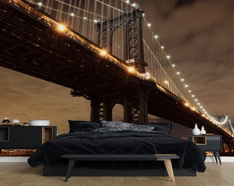 Manhattan & Brooklyn Bridge Wallpaper - New York Mural - Removable Wallpaper - Peel and Stick - City Wallpaper - Wall Decor