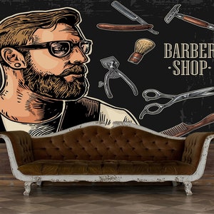 Barber Shop Wallpaper -  Hairdresser Mural - Removable Wallpaper - Peel and Stick - Barber Haircut Supplies Wallpaper
