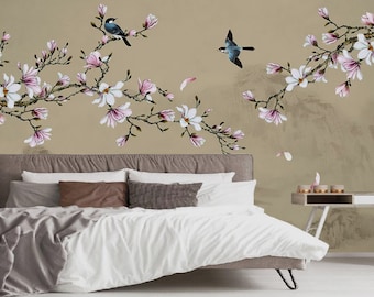 Vintage Cherry Blossom Wallpaper - Birds & Flowers Mural - Removable Wallpaper - Peel and Stick - Floral Wallpaper - Wall Decor